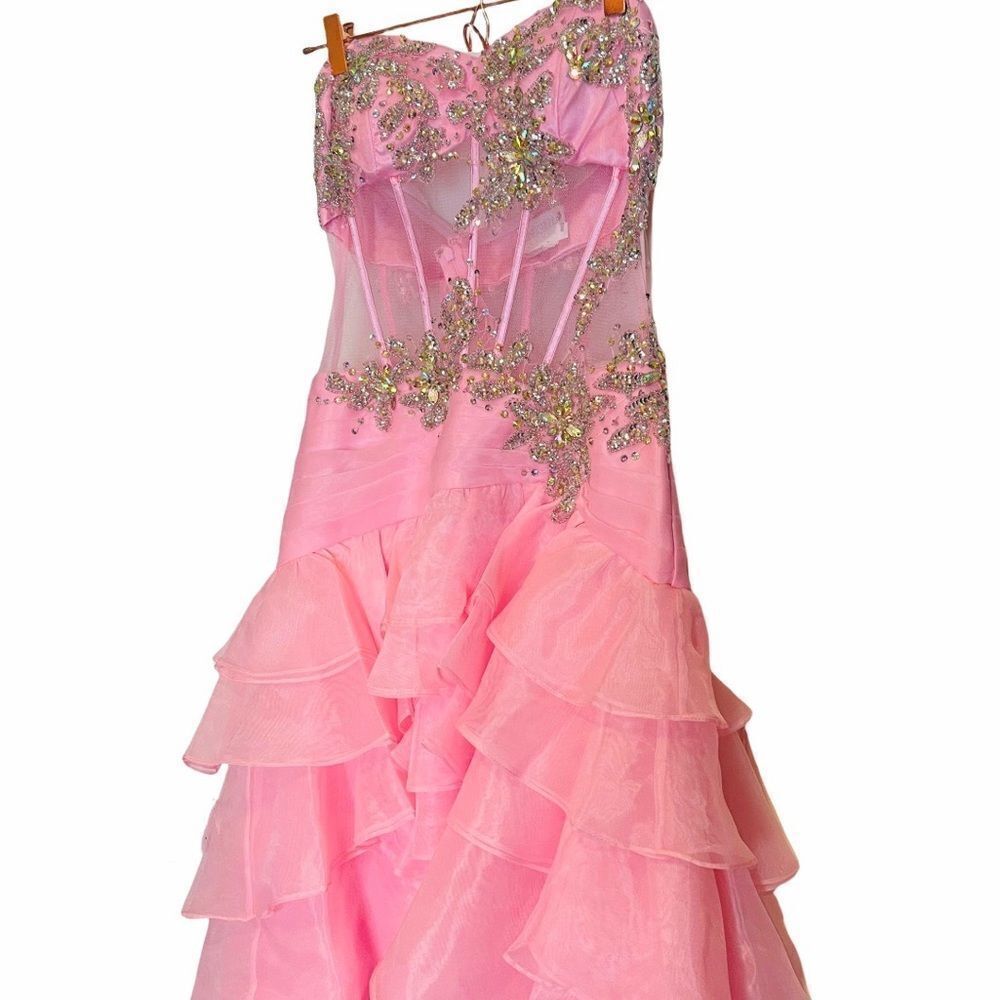 NWT Cinderella Pink Ruffle Strapless Sequined Bodice Gown Small (Fits Like XS)